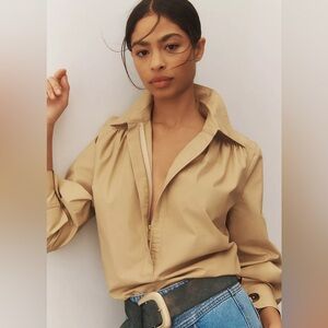 New Anthropologie Mare Mare Long-Sleeve Henley Blouse Tan Shirt XL
